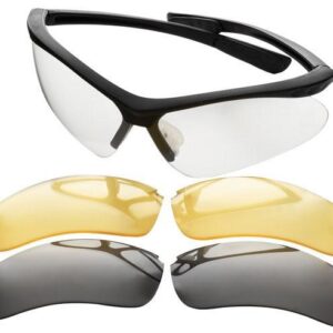 Interchangeable lens safety glasses with four lens options.