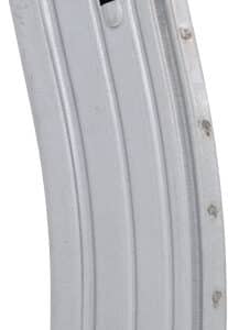 Silver rifle magazine standing upright