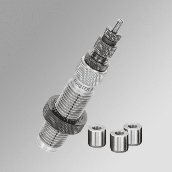 Precision reloading die and gauges on gray background.