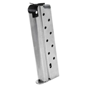 Silver firearm magazine with holes, isolated background