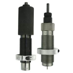 Two threaded metal reloading dies with knurled grips.