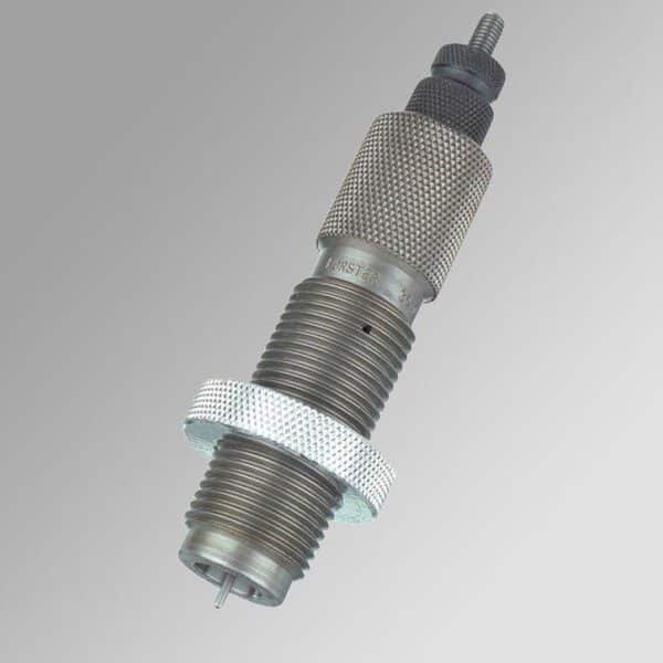 Metal reloading die on gray background