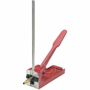 Red bullet casting press with lever arm.