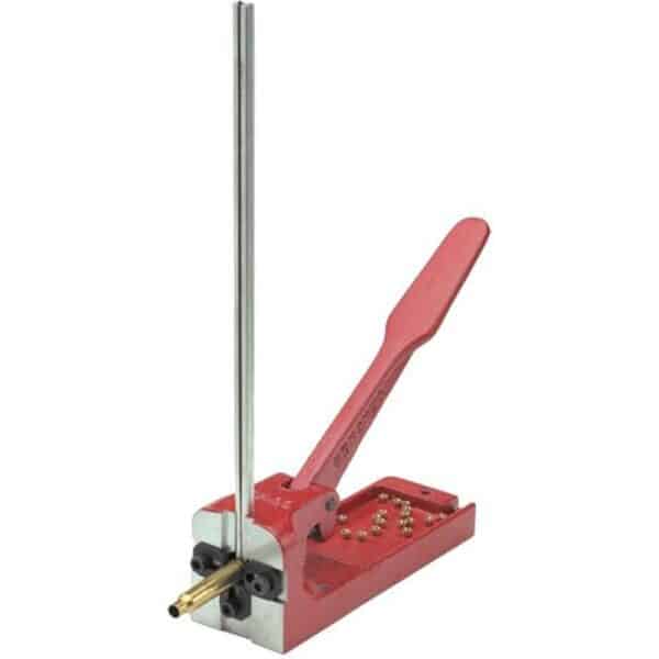 Red bullet casting press with lever arm.