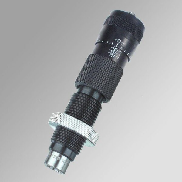 Black micrometer with measurements on gray background.