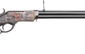 Lever-action rifle with wood stock and long barrel