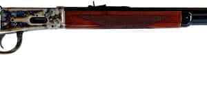 Lever-action rifle with wooden stock and metal barrel.
