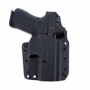 Black handgun in holster side view
