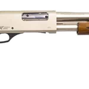 Wood and metal shotgun, side view.