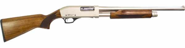 Wood and metal shotgun, side view.