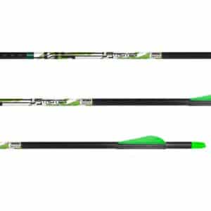 Green and black carbon arrows with feather fletching.