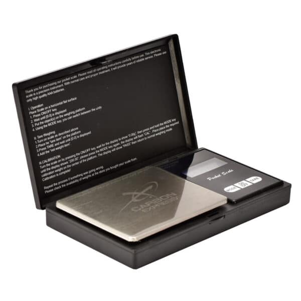 Digital pocket scale in open black case