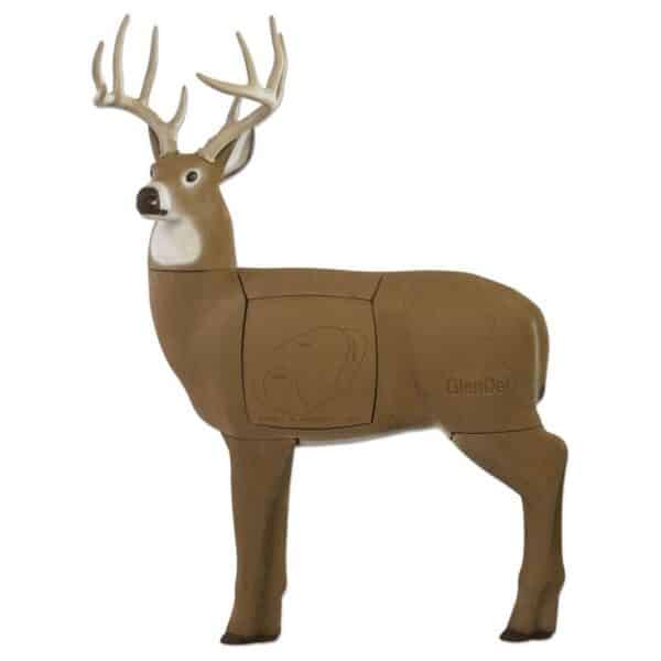 3D deer archery target with scoring zones.