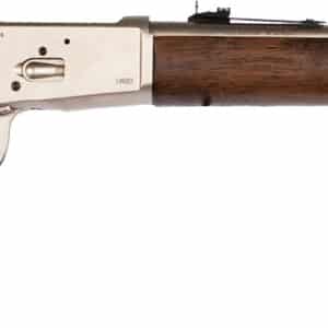 Lever-action rifle with wooden stock, stainless barrel