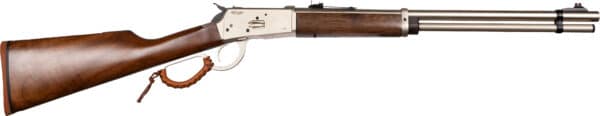Lever-action rifle with wooden stock and metal barrel.