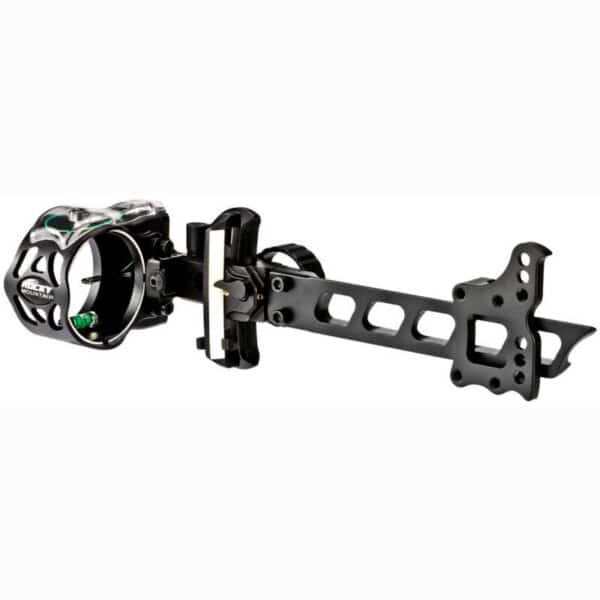 Black archery bow sight with mounting bracket.