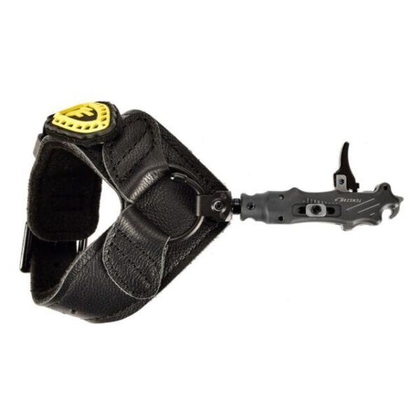 Black archery release aid with yellow accents.