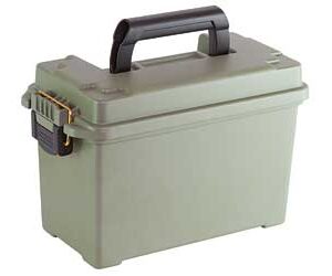 Green plastic storage box with black handle