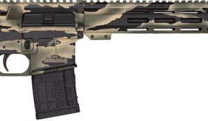 Camo patterned semi-automatic rifle displayed.