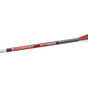 Bloodsport Witness arrow with red and white fletching.