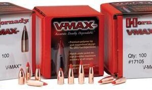 Hornady V-MAX ammunition boxes and bullets displayed.