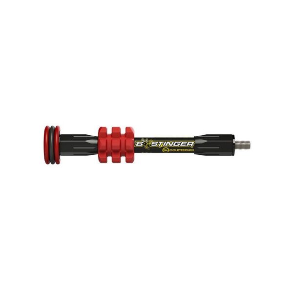 B-Stinger archery stabilizer with red and black design.