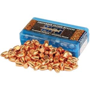 Box of copper-colored bullets spilling out.