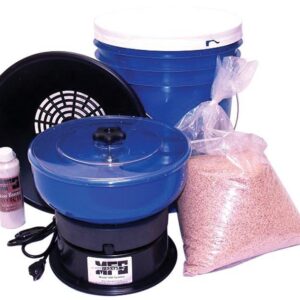 Vibratory tumbler kit with accessories and cleaning media.