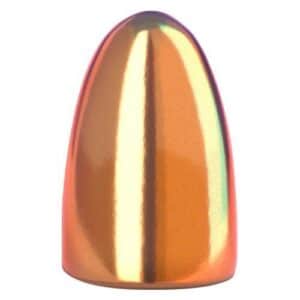 Copper-colored bullet projectile, reflective surface.