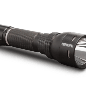 Black tactical flashlight with textured grip.
