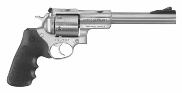 Silver revolver with black grip and long barrel.