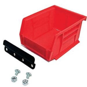 Red storage bin with mounting hardware