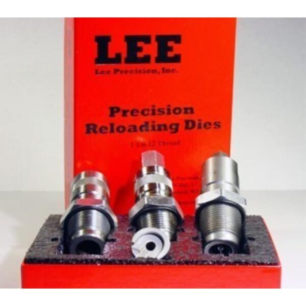 Lee Precision reloading dies set on red box.