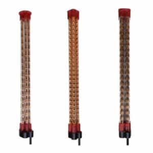 Three vertical brown plastic tubes with red caps.