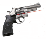 Silver revolver handgun with laser sight attached.