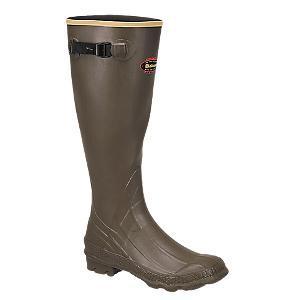 Green knee-high rubber boot with strap.