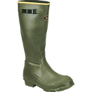 Green waterproof rubber boot with buckle strap.