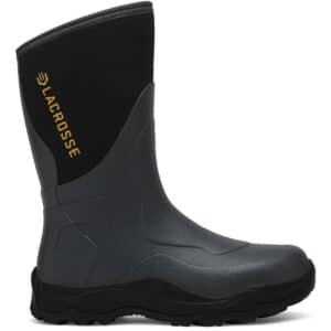 Black and green waterproof rubber boot, side view.