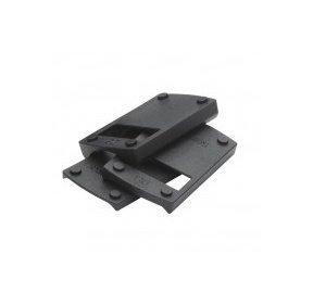 Black metal mounting plates stacked together.