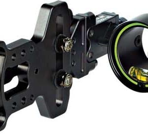 Adjustable archery sight with level and markings.