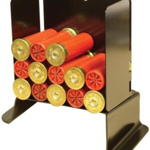 Shotgun shell holder with red shells displayed.