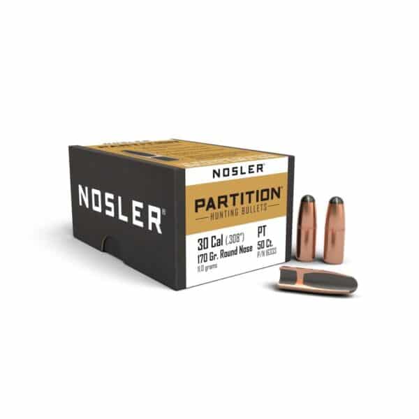 Nosler Partition hunting bullets, 30 Caliber, 50 count.