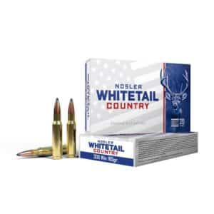 Nosler Whitetail Country rifle ammunition box and bullets