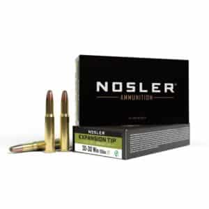 Nosler ammunition box with bullets displayed