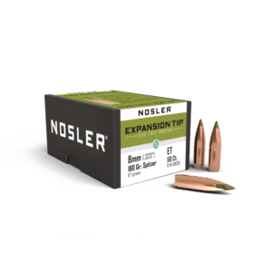 Nosler 8mm bullets with box, lead-free hunting.
