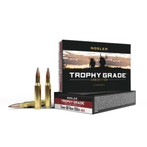 Nosler Trophy Grade ammunition package with cartridges.