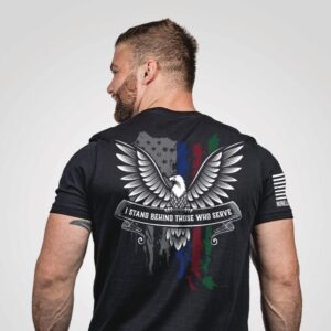 Man wearing patriotic eagle t-shirt.