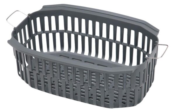 Gray plastic basket with metal handles
