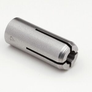 Metal cylindrical tool with slots on white background.