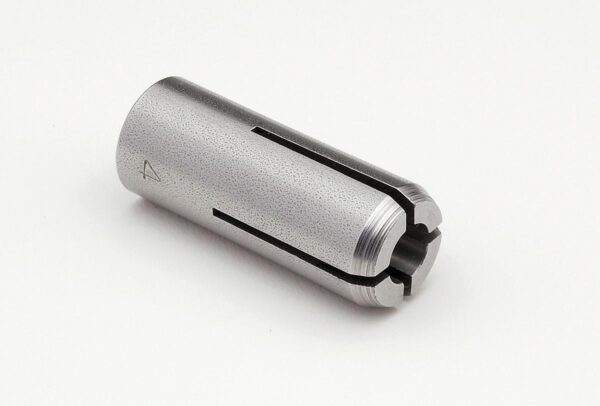 Metal cylindrical tool with slots on white background.